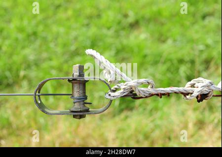 Soft focus of a fencing wire tensioner at a grassy field Stock Photo