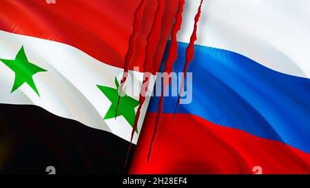 Syria and Russia flags with scar concept. Waving flag,3D rendering. Russia and Syria conflict concept. Syria Russia relations concept. flag of Syria a Stock Photo