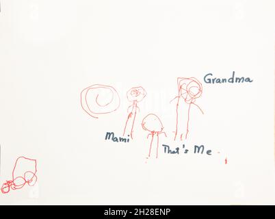 Education Preschool 4-5 year olds children's artwork depicting families and family relationships, recognizable human figures Stock Photo