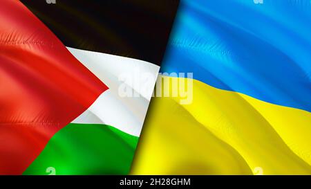 Palestine and Ukraine flags. 3D Waving flag design. Palestine Ukraine flag, picture, wallpaper. Palestine vs Ukraine image,3D rendering. Palestine Ukr Stock Photo