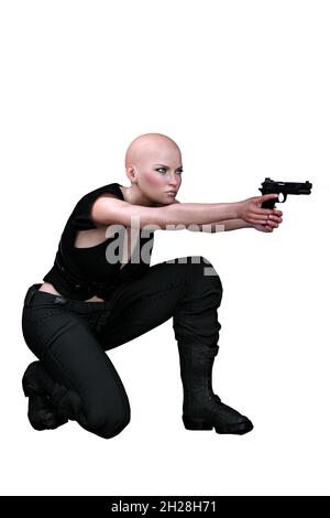 Caucasian Urban Fantasy Woman with Gun on Isolated White Background, 3D Rendering, 3D illustration Stock Photo