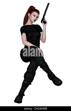 Caucasian Urban Fantasy Woman with Gun on Isolated White Background, 3D Rendering, 3D illustration Stock Photo