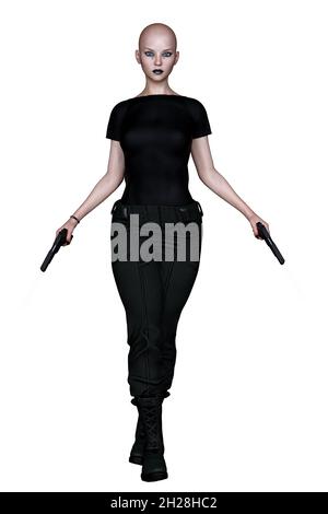 Caucasian Urban Fantasy Woman with Gun on Isolated White Background, 3D Rendering, 3D illustration Stock Photo