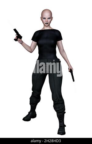 Caucasian Urban Fantasy Woman with Gun on Isolated White Background, 3D Rendering, 3D illustration Stock Photo