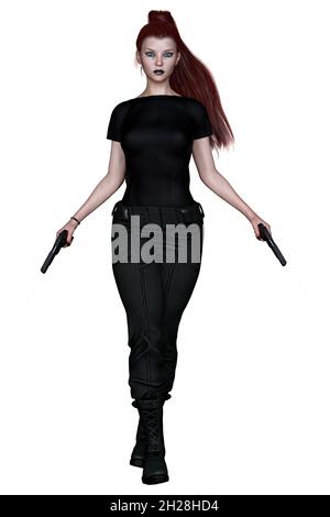 Caucasian Urban Fantasy Woman with Gun on Isolated White Background, 3D Rendering, 3D illustration Stock Photo