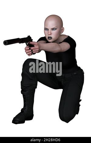 Caucasian Urban Fantasy Woman with Gun on Isolated White Background, 3D Rendering, 3D illustration Stock Photo