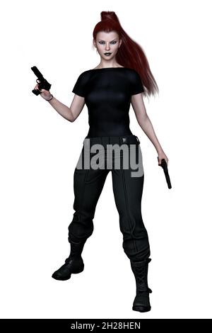 Caucasian Urban Fantasy Woman with Gun on Isolated White Background, 3D Rendering, 3D illustration Stock Photo