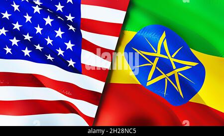 United States and Ethiopia flags. 3D Waving flag design. United States Ethiopia flag, picture, wallpaper. United States vs Ethiopia image,3D rendering Stock Photo