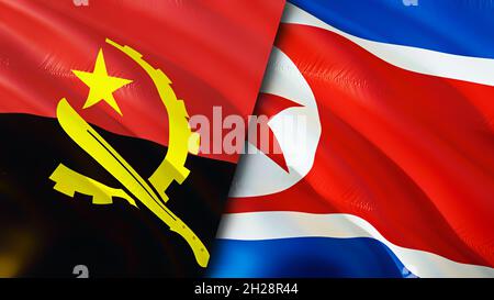 Angola and North Korea flags. 3D Waving flag design. Angola North Korea flag, picture, wallpaper. Angola vs North Korea image,3D rendering. Angola Nor Stock Photo