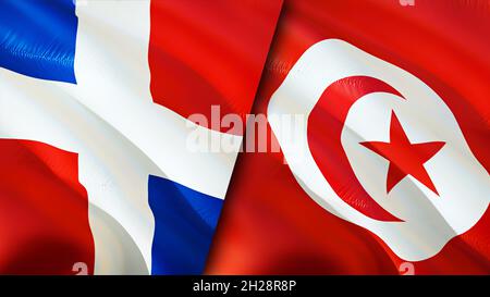 Dominicana and Tunisia flags. 3D Waving flag design. Tunisia Dominican Republic flag, picture, wallpaper. Dominican Republic vs Tunisia image,3D rende Stock Photo