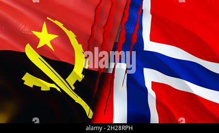 Angola and Norway flags with scar concept. Waving flag 3D rendering. Angola and Norway conflict concept. Angola Norway relations concept. flag of Ango Stock Photo