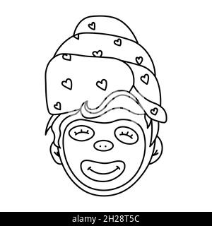 Woman with cosmetic face mask. Smiling girl portrait. Skin care icon, beauty skin, womans face. Purifying Facial Masks. Vector illustration in doodle Stock Vector