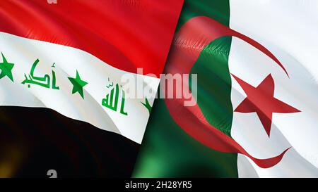 Iraq and Algeria flags. 3D Waving flag design. Algeria Iraq flag, picture, wallpaper. Iraq vs Algeria image,3D rendering. Iraq Algeria relations allia Stock Photo
