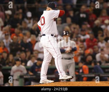 Boston, United States. 20th Oct, 2021. Boston Red Sox relief pitcher Ryan Brasier pauses after giving up three runs in the 6th inning in game 5 of the MLB ALCS against the Houston Astros at Fenway Park in Boston, Massachusetts on Wednesday, October 20, 2021. Photo by Matthew Healey/UPI Credit: UPI/Alamy Live News Stock Photo