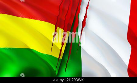 Bolivia and Italy flags with scar concept. Waving flag 3D rendering. Bolivia and Italy conflict concept. Bolivia Italy relations concept. flag of Boli Stock Photo