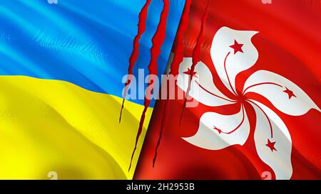 Ukraine and Hong Kong flags with scar concept. Waving flag,3D rendering. Ukraine and Hong Kong conflict concept. Ukraine Hong Kong relations concept. Stock Photo