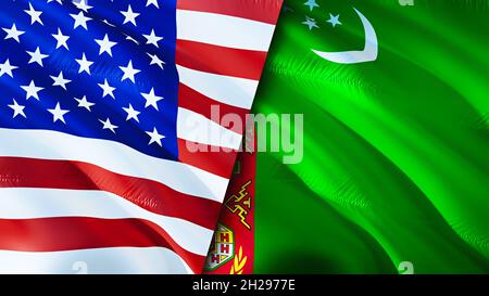 United States and Turkmenistan flags. 3D Waving flag design. United States Turkmenistan flag, picture, wallpaper. United States vs Turkmenistan image, Stock Photo