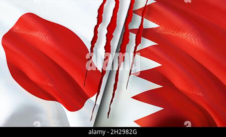 Japan and Bahrain flags with scar concept. Waving flag,3D rendering. Japan and Bahrain conflict concept. Japan Bahrain relations concept. flag of Japa Stock Photo