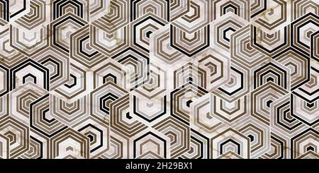Geometric pattern polygonal shape golden background. Overlapping weave design with marble texture Stock Vector