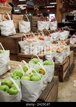 Fresh picked green and red apples in bags on display for sale in a farmer's market in Ellijay Georgia, USA. Stock Photo