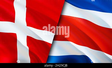 Denmark and Costa Rica flags. 3D Waving flag design. Costa Rica Denmark flag, picture, wallpaper. Denmark vs Costa Rica image,3D rendering. Denmark Co Stock Photo