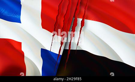 Dominicana and Yemen flags with scar concept. Waving flag,3D rendering. Yemen and Dominican Republic conflict concept. Dominican Republic Yemen relati Stock Photo