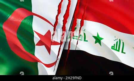 Algeria and Iraq flags with scar concept. Waving flag 3D rendering. Algeria and Iraq conflict concept. Algeria Iraq relations concept. flag of Algeria Stock Photo