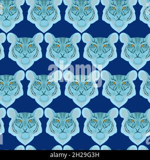 Seamless pattern with the head of a blue tiger on a blue background Stock Vector