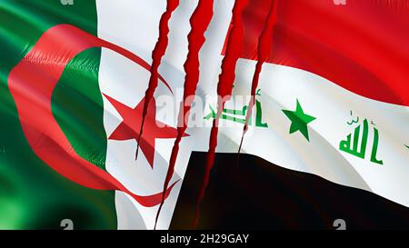 Algeria vs Iraq flag with scar concept. Algeria and Iraq Two flags, 3D rendering. Algeria flag and Iraq flag relations, cooperation strategy concept. Stock Photo
