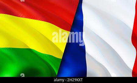 Bolivia and France flags. 3D Waving flag design. Bolivia France flag, picture, wallpaper. Bolivia vs France image,3D rendering. Bolivia France relatio Stock Photo