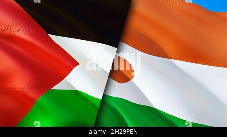 Palestine and Niger flags. 3D Waving flag design. Palestine Niger flag, picture, wallpaper. Palestine vs Niger image,3D rendering. Palestine Niger rel Stock Photo