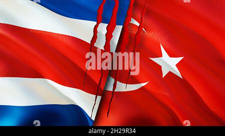 Costa Rica and Turkey flags with scar concept. Waving flag 3D rendering. Costa Rica and Turkey conflict concept. Costa Rica Turkey relations concept. Stock Photo