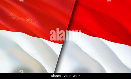 Monaco and Indonesia flags. 3D Waving flag design. Indonesia Monaco ...