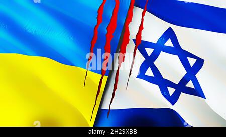 Ukraine and Israel flags with scar concept. Waving flag,3D rendering. Ukraine and Israel conflict concept. Ukraine Israel relations concept. flag of U Stock Photo