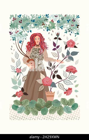 A lady with blue eyes and pinky purple curly hair in her indoor garden with coral roses and other lush plants. She is definitely having a green thumb! Stock Vector