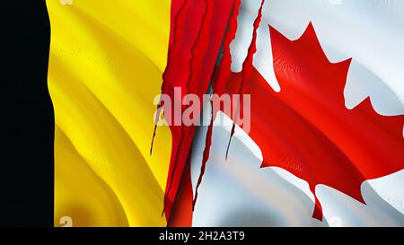 Belgium and Canada flags with scar concept. Waving flag,3D rendering. Belgium and Canada conflict concept. Belgium Canada relations concept. flag of B Stock Photo