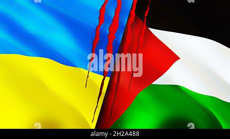 Ukraine and Palestine flags with scar concept. Waving flag,3D rendering. Ukraine and Palestine conflict concept. Ukraine Palestine relations concept. Stock Photo