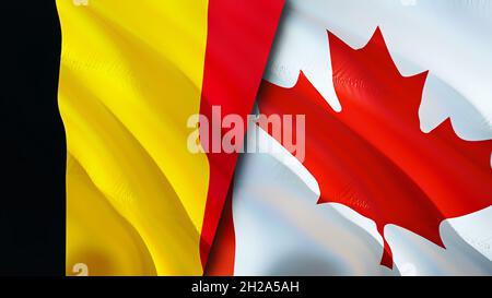 Belgium and Canada flags. 3D Waving flag design. Belgium Canada flag, picture, wallpaper. Belgium vs Canada image,3D rendering. Belgium Canada relatio Stock Photo