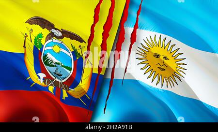 Ecuador and Argentina flags with scar concept. Waving flag 3D rendering. Ecuador and Argentina conflict concept. Ecuador Argentina relations concept. Stock Photo