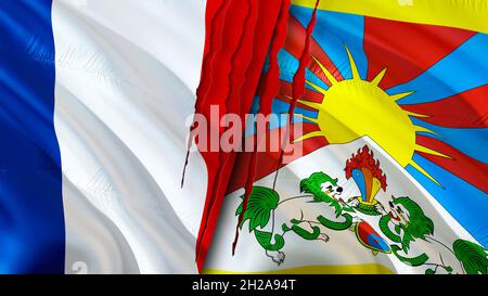 France and Tibet flags with scar concept. Waving flag,3D rendering. France and Tibet conflict concept. France Tibet relations concept. flag of France Stock Photo