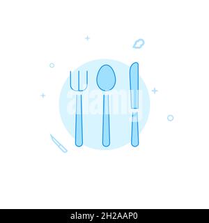 Fork Spoon Knife vector icon. Kitchen utensil. Flat illustration. Filled line style. Blue monochrome design. Editable stroke. Adjust line weight. Stock Vector