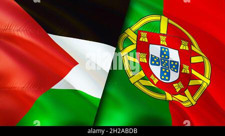 Palestine and Portugal flags. 3D Waving flag design. Palestine Portugal flag, picture, wallpaper. Palestine vs Portugal image,3D rendering. Palestine Stock Photo