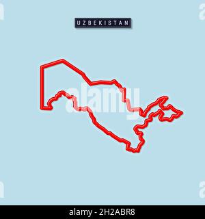 Uzbekistan bold outline map. Glossy red border with soft shadow. Country name plate. Vector illustration. Stock Vector