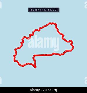 Burkina Faso bold outline map. Glossy red border with soft shadow. Country name plate. Vector illustration. Stock Vector