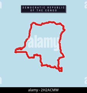 Democratic Republic of the Congo bold outline map. Glossy red border with soft shadow. Country name plate. Vector illustration. Stock Vector