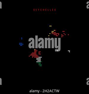 Square dots pattern map of Seychelles. Dotted pixel map with national flag colors isolated on black background. Vector illustration. Stock Vector