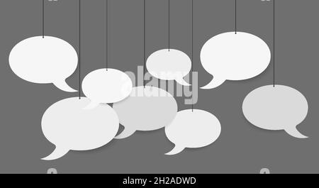 Blank white speech bubbles hanging from a cord. 3D vector illustration on grey background. Stock Vector