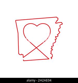 Arkansas US state red outline map with the handwritten heart shape. Continuous line drawing of patriotic home sign. A love for a small homeland. T-shi Stock Vector