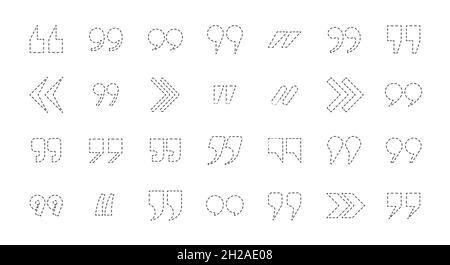 Large collection of commas and quote marks. Light dotted line. Flat line vector illustration isolated on white background. Editable stroke. Stock Vector