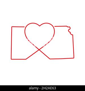 Kansas US state red outline map with the handwritten heart shape. Continuous line drawing of patriotic home sign. A love for a small homeland. T-shirt Stock Vector